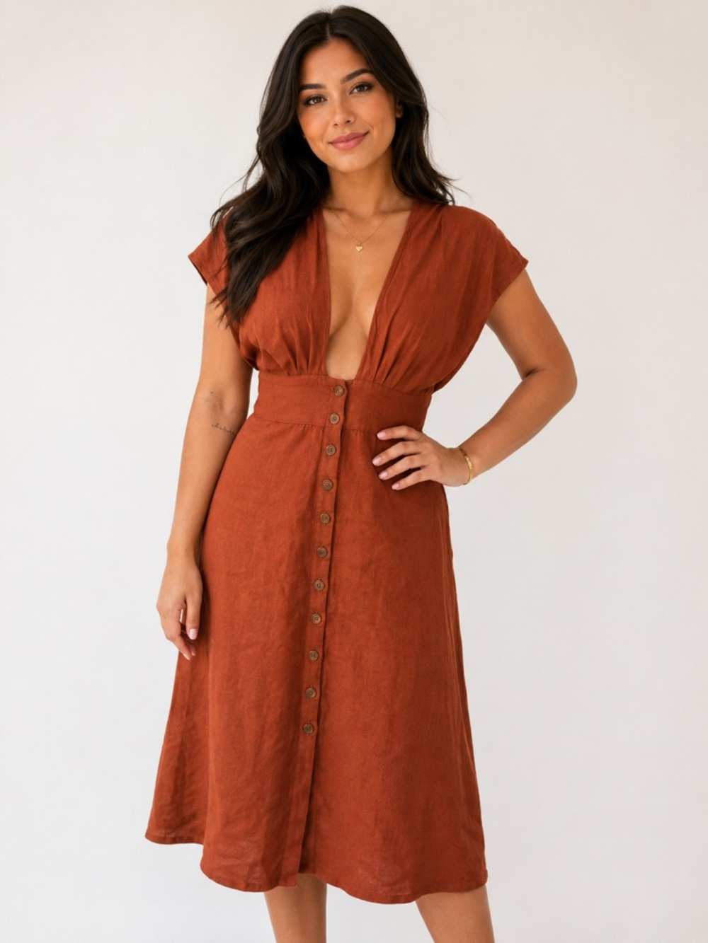 Charlie Holiday Rust Button Down Plunge Neckline  Midi Dress Linen  Size 2